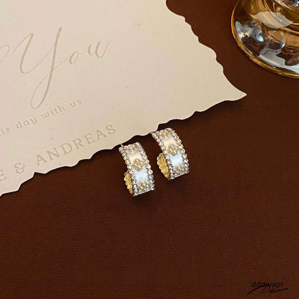 C-Shaped Pearl Earrings - Gold Plated Geometric Ddmyday Hoops With Zirconia Accents | Korean Fashion Minimalist Ear Jewelry For Women Ddmyday