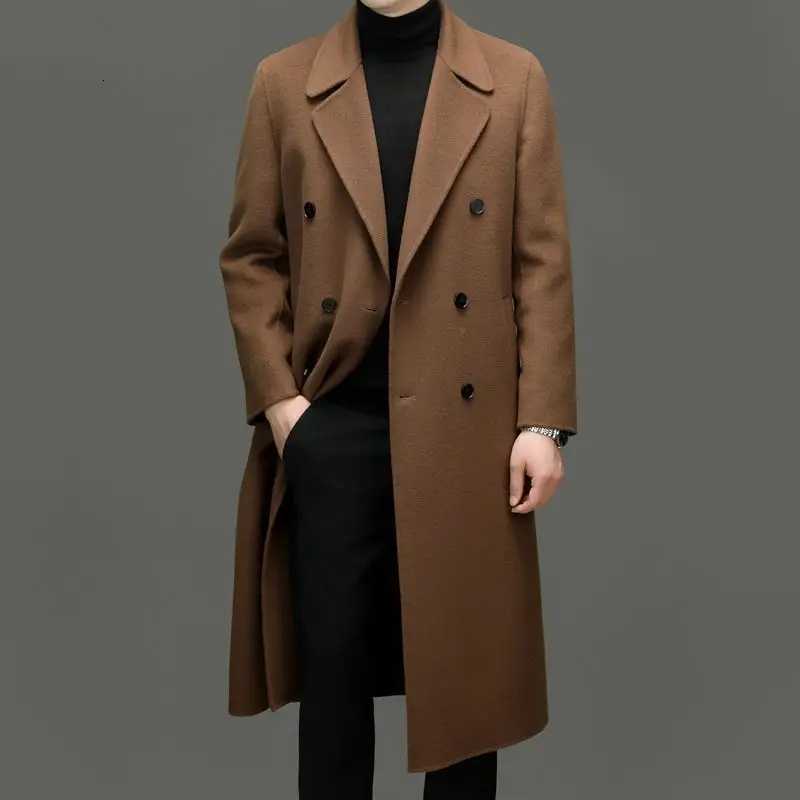 Mens Long Double Faced Wool Coat Over Knee Double Breasted Wool Trench Outerwear for Autumn WinterT251125