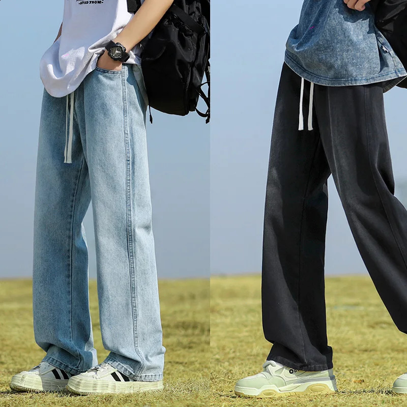 Homme Classic Baggy Drawstring Wide Leg Pants Korean Elastic Waist Simple Y2K Jeans 2024 Hip Hop Casual Lace Mens 250409