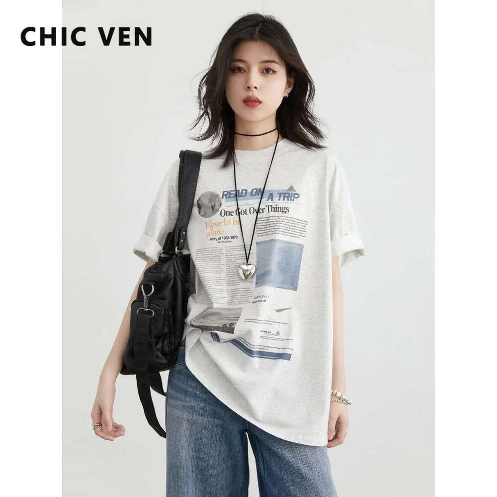 CHIC VEN Women T-Shirts New Retro Round Neck Newspaper Print Short Sleeve Tees Loose Female Top Summer 2024