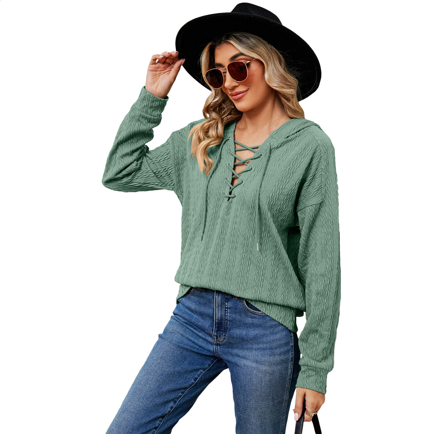 2024 Womens Solid Color Hoodie Womens Autumn/Winter Collection Collar Strap Long Sleeve Top 240902 - view 6