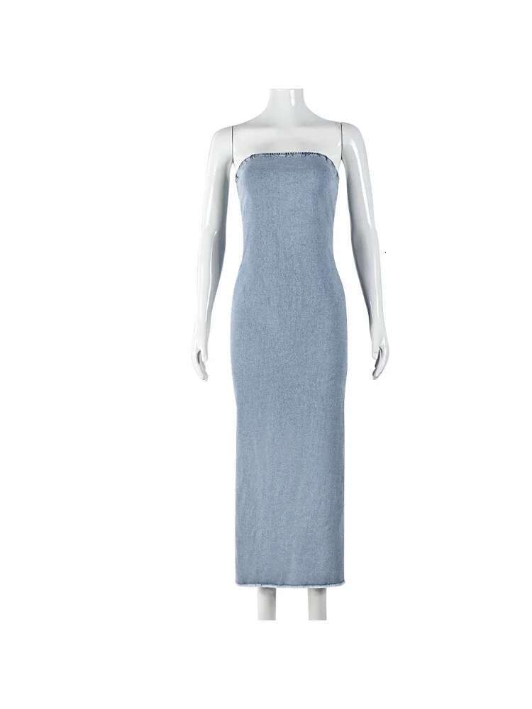 Dongdumaoyi Autumn New Elastic Denim Sexy Temperament Bandeau Slim Fit Split Women S Clothing Dress D