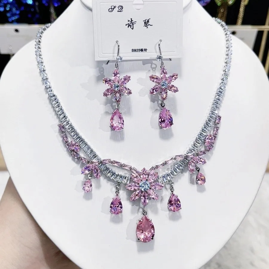 Women Rainbow Gemstone Necklace 18K Gold Plated Waterdrop Zirconia Earrings 2024 250417