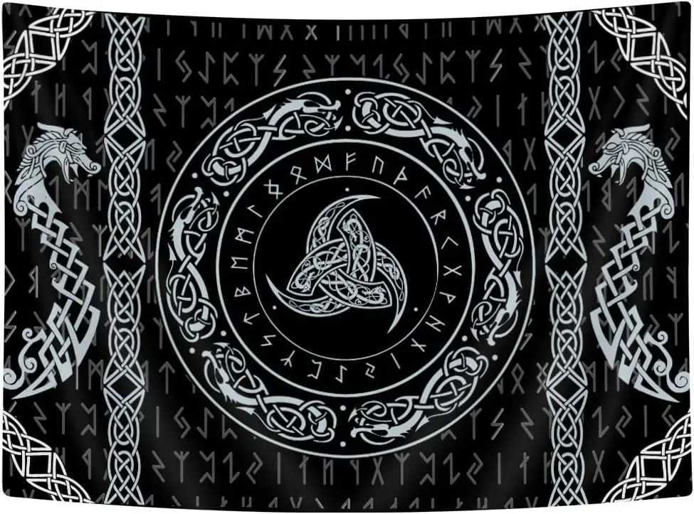 Viking Art Tapestry Raven Ancient Rune Dragon Totem Norse Mythology Tapestries Black White Mystical Geometric Norse MythologyM251125