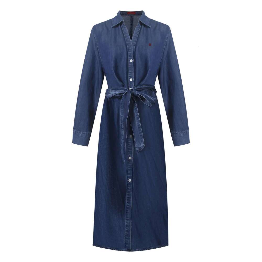 CHCH Women's Fashion Embroidery Polo Neck Shirt Dress Elegant Denim Sleeve Pocket Office Ladies Long Dresses