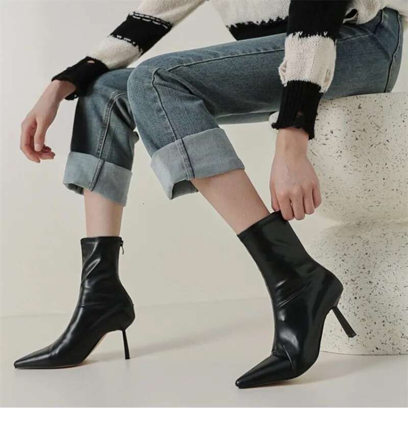2024 New Autumn Winter Pointed Toe Women Ankle Boots Fashion Zipper Shoes Thin High Heel Women's Morder Short Booties D214