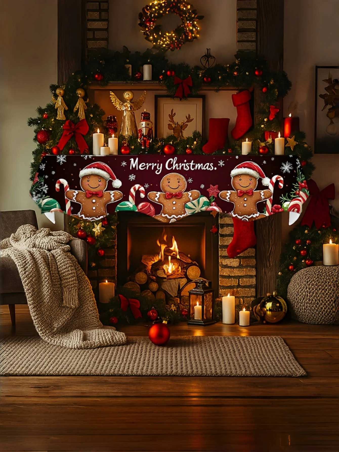 1 pcs Christmas Fireplace Scarf - with Gingerbread Man Greetings is your perfect holiday gift and suitable for home decorationM251125