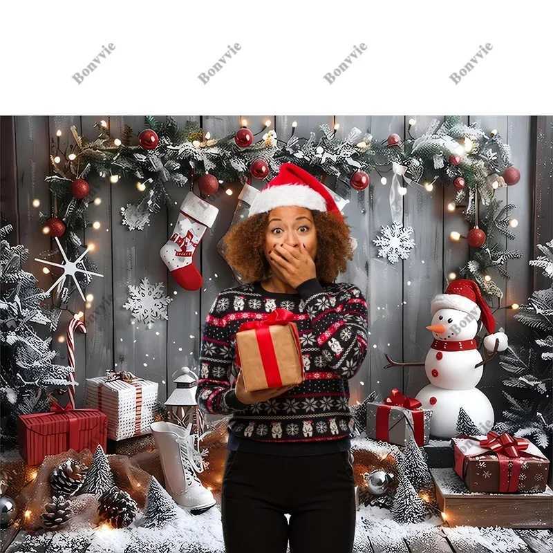 Bonvvie Merry Christmas Backdrop Xmas Tree Gifts Snowman Family Party Decor Background Photocall Photography for Photo StudioM251125