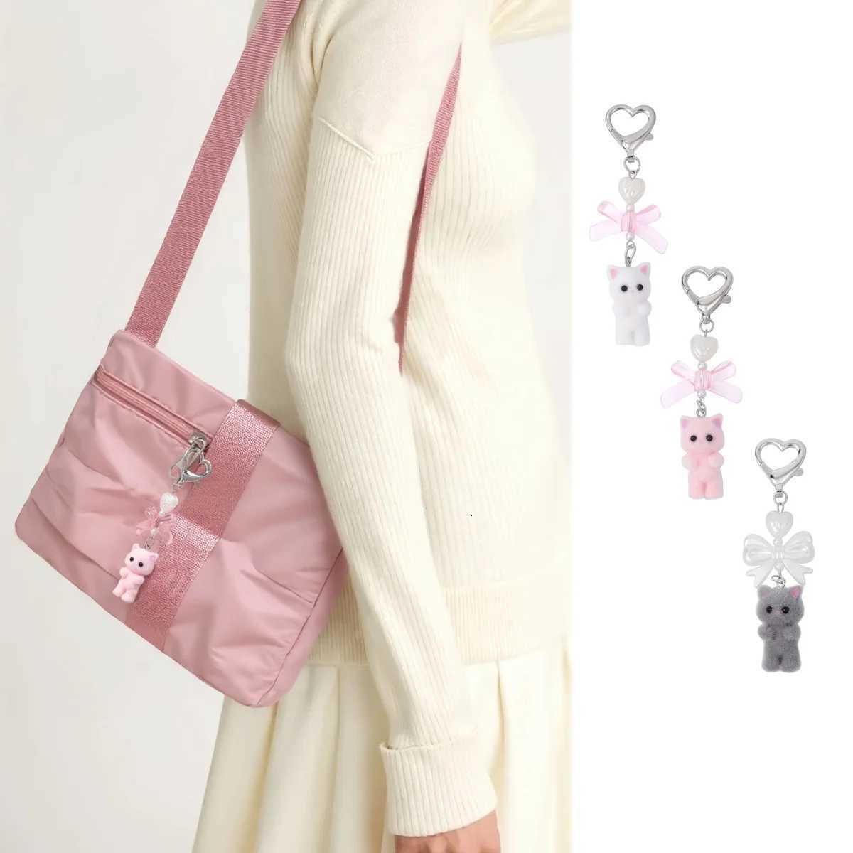 Cute Cartoon Flocking Cat Keychain Y2K Heart Bow Shaped Key Ring For Women Girls Handbag Backpack Pendant Decoration GiftXJ251125