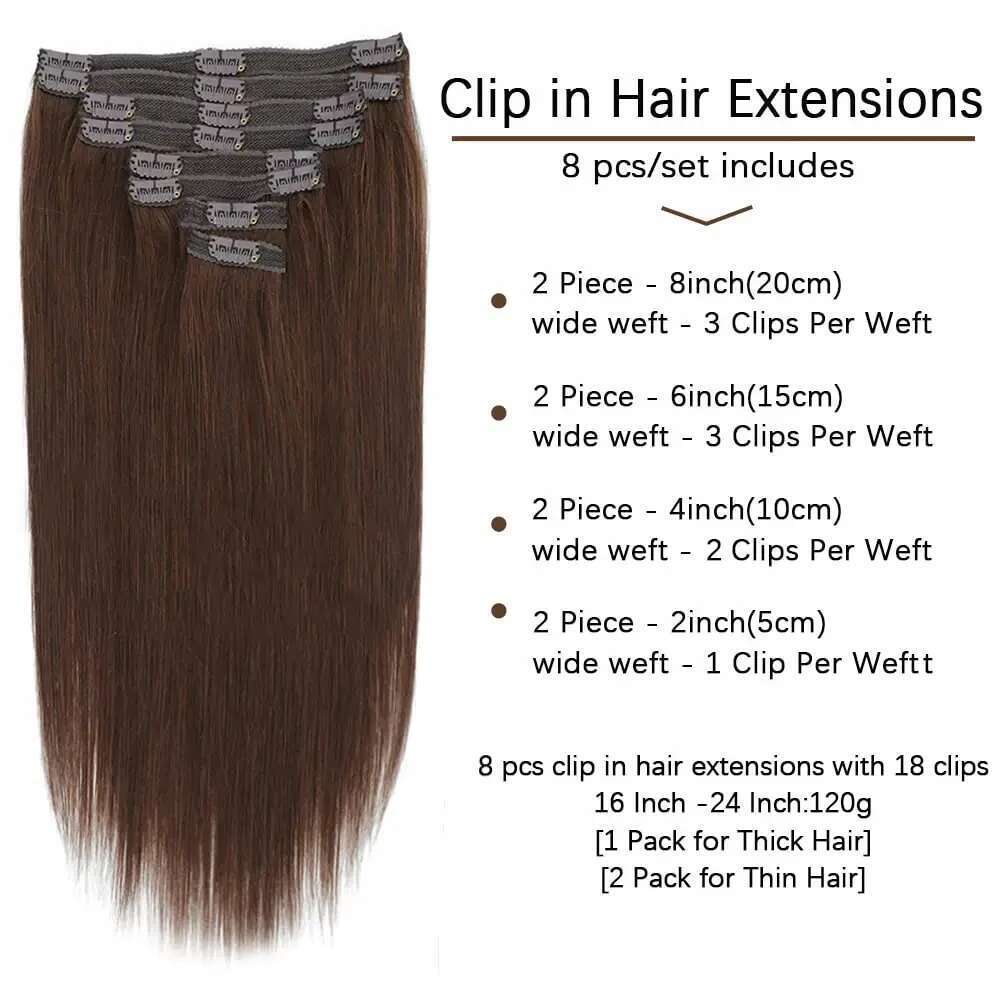 Real Human Color #4 Chocolate Brown Clip In Extensions 8Pcs Hair Natural Black Color 24 Inches