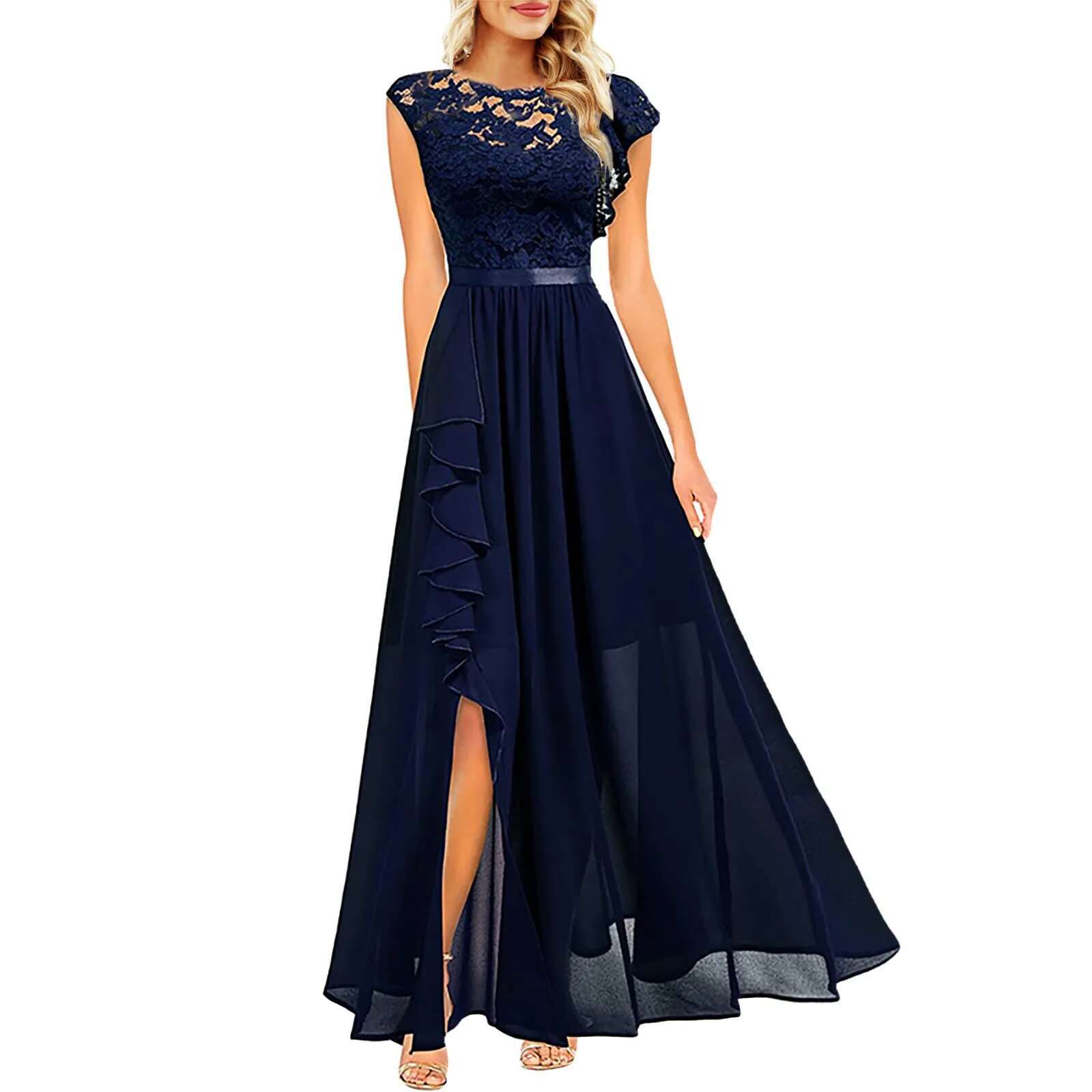 Dongdumaoyi Women Elegant Long Maxi Dress Sleeveless Round Neck Party Wedding Prom Robe Vintage Spliced Lace Chiffon