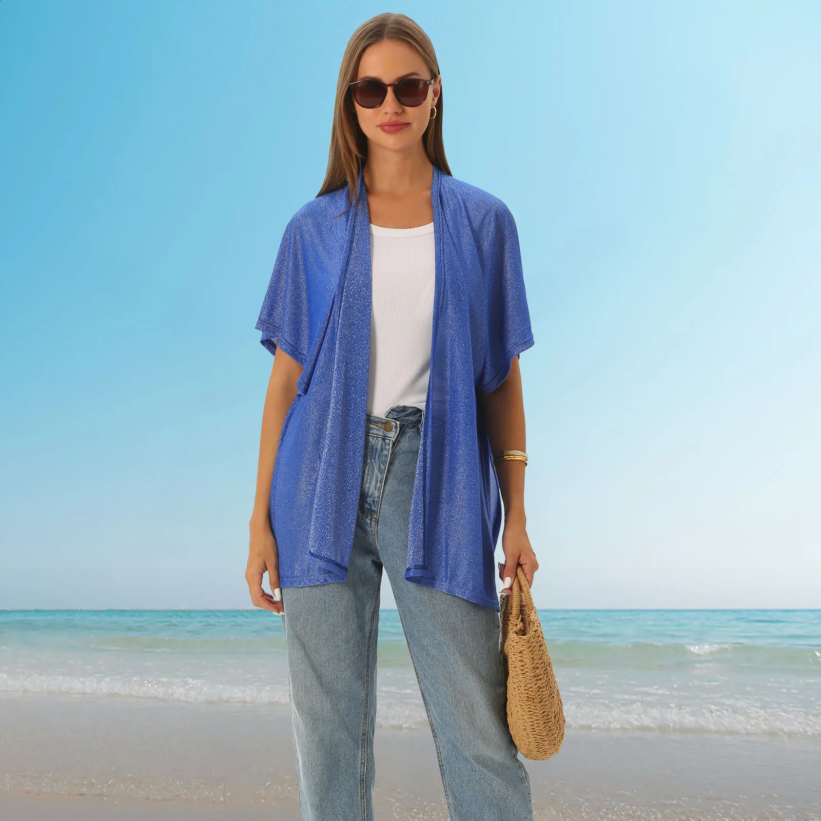 summer nylon gold and silver womens open top wool beach sunscreen jacket 250422