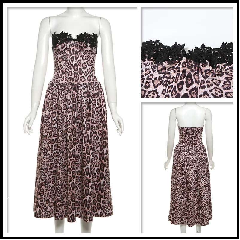 dongdumaoyi Townlike Leopard Print A-e Women Lace Strapless Midi Long 2024 Summer Dress Backless Nightclub Sexy Party Dresses
