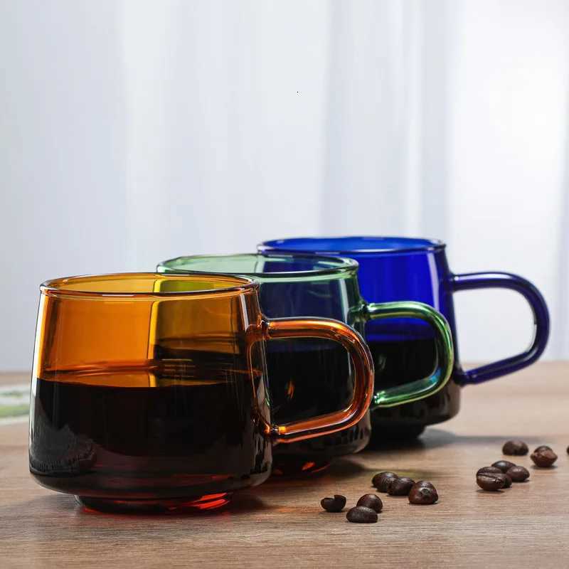 Colored Glass Mug Cup 350ml 250ml Heat Resistant Amber Blue Green Stackable Glass Cup Coffee Tea Cup Coaster Available 1PC Y251125