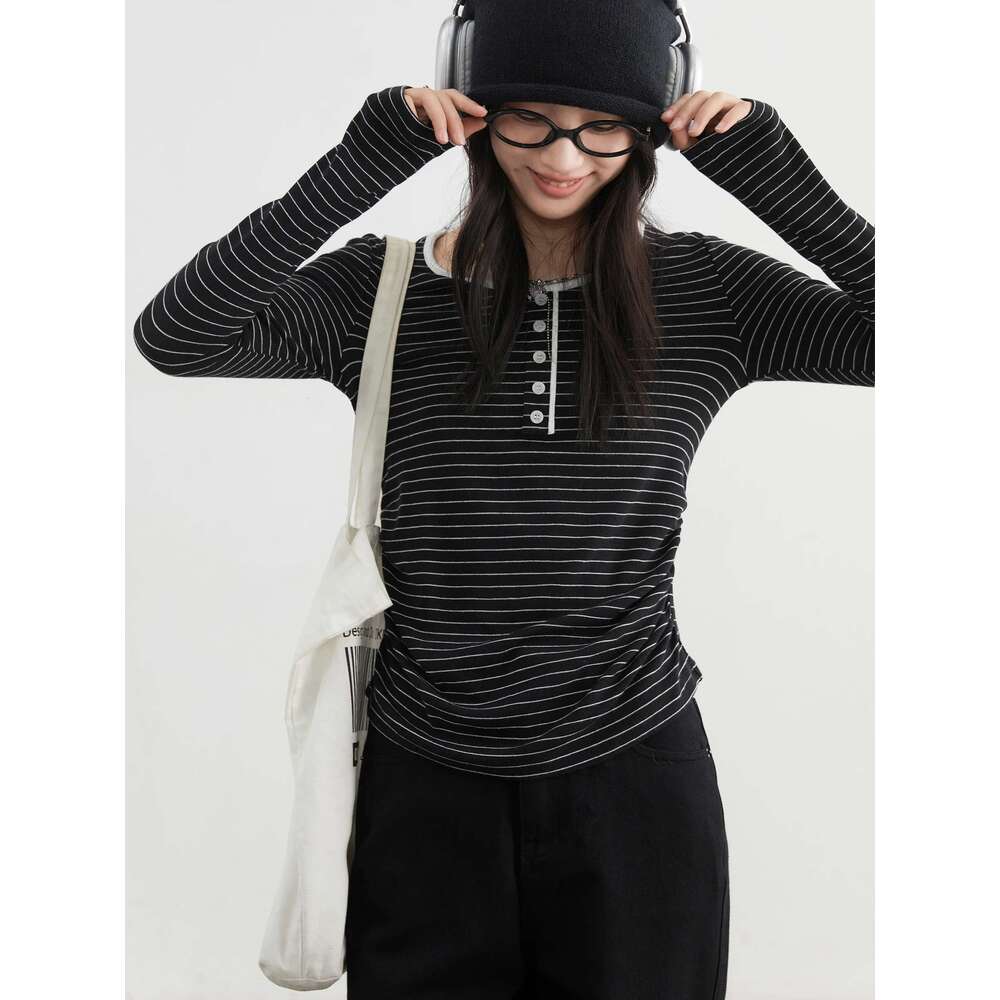 CHIC VEN Women T-Shirts O Neck Loose Casual New Contrasting Button Striped Tees Slim Basic Female Top Spring Autumn 2024