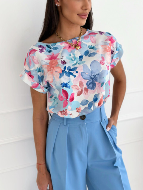 2024 Summer Simple Fashion Printed Round Neck Loose Shirt Womens Top