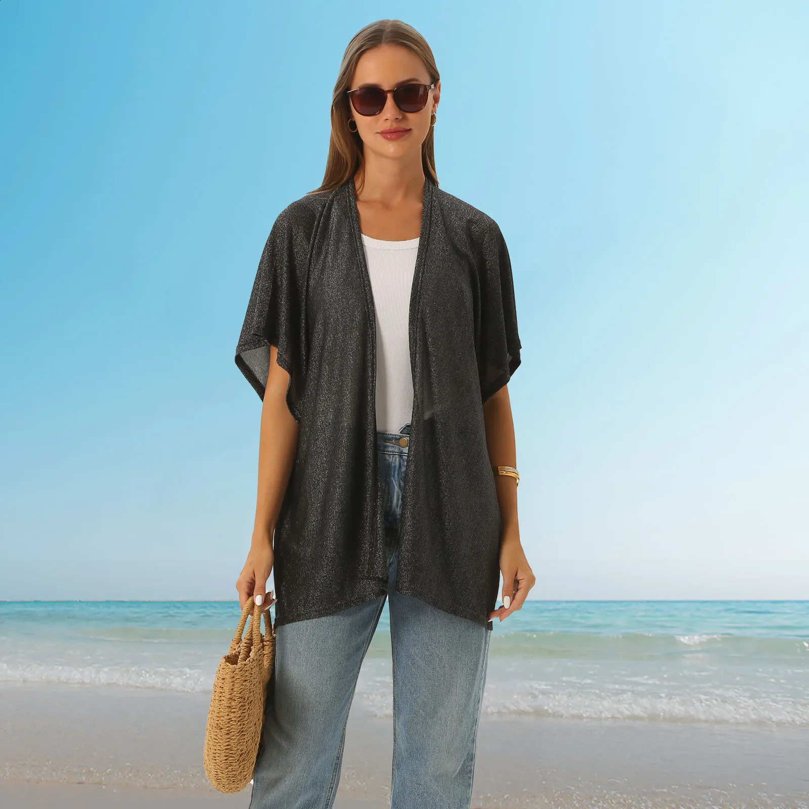 summer nylon gold and silver womens open top wool beach sunscreen jacket 250422