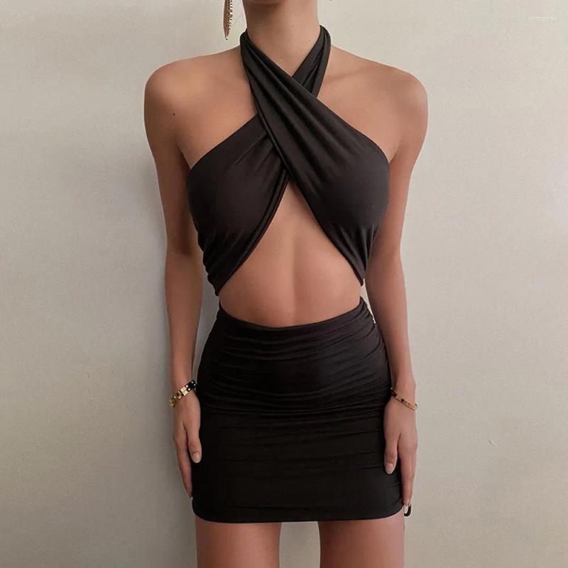 Casual Dresses Women Sleeveless Sexy & Club Halter Backless Pleated Mini Dress 210702