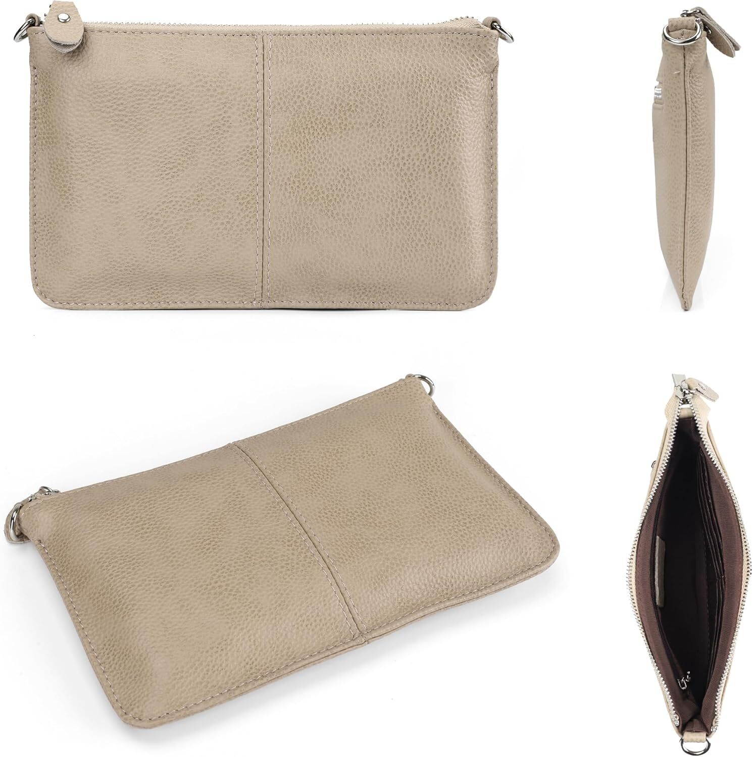 Genuine Leather Wristlet Clutch Wallet Purses Small Crossbody Bags Shoulder Handbag For Women, Sier Zipper