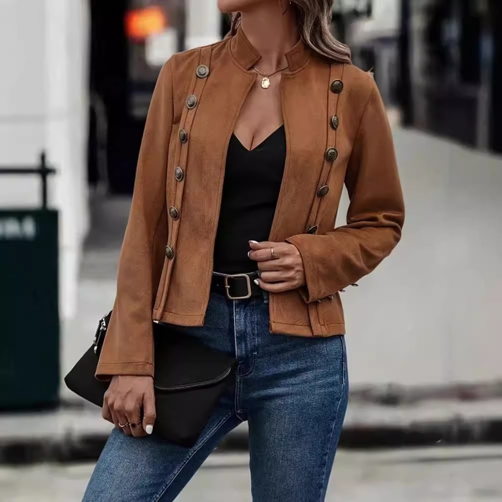 2024 Solid Color Double breasted Decorative Jacket New Deer Velvet Long Sleeve Coat