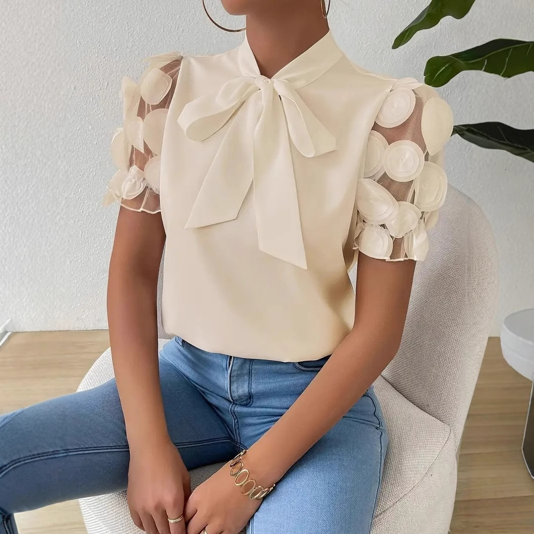 2025 New Summer Commuter Solid Color Simple Strap Bow Short Sleeve Shirt for Women