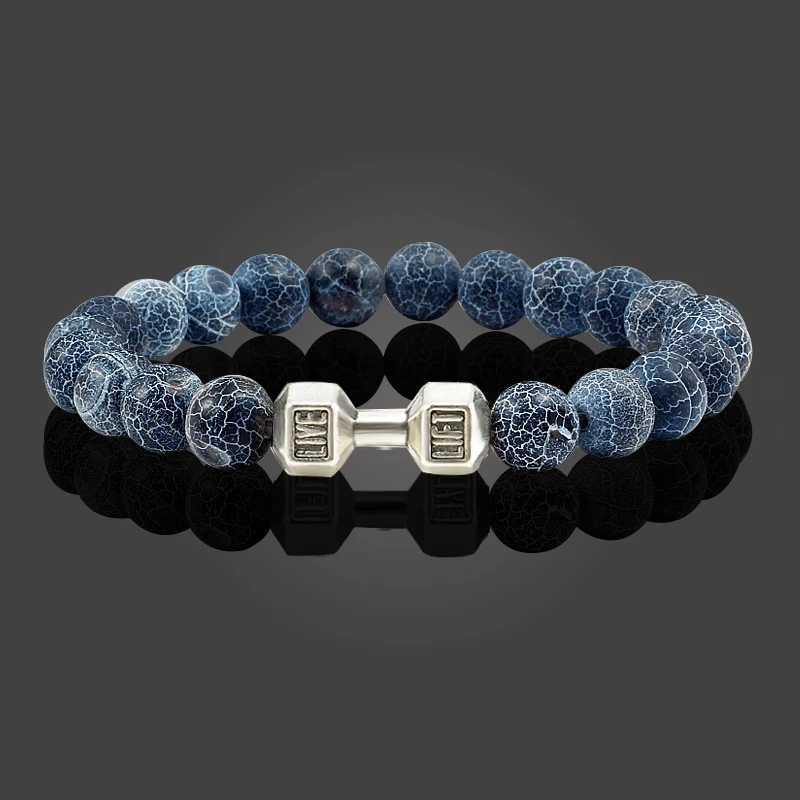Natural Volcanic Stone Bracelet Men Matte Black Lave White Beads Charm Dumbbell Strand Bracelets Women Barbell Fitness Jewelry J251125