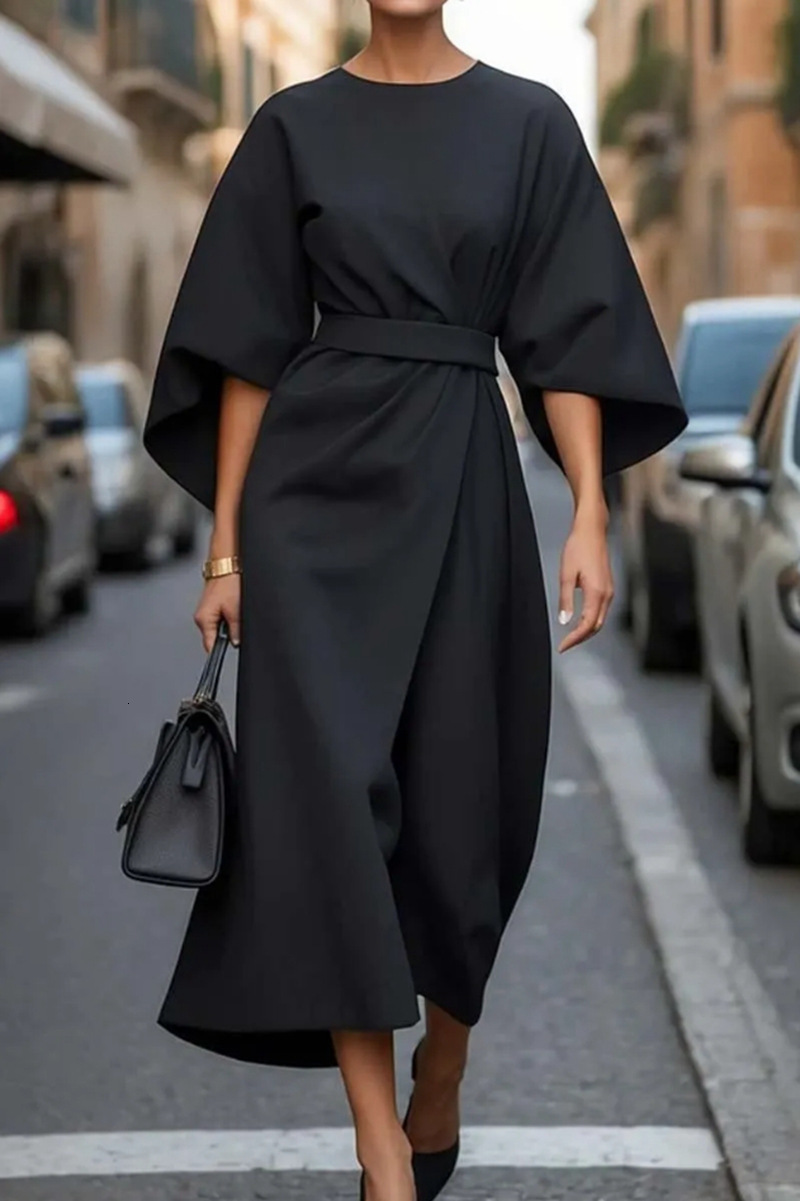 2025 Womens Fashion Elegant Solid Color Waist Dress Casual Bat Sleeve Long Dress
