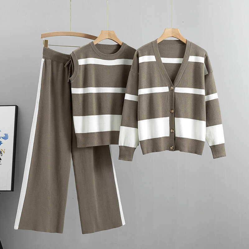 Wide Leg Pants Sports Striped Set for Women Autumn Winter Fashion Loose and Casual European Three Piece Set Trendy Temperament New Arrival New Product