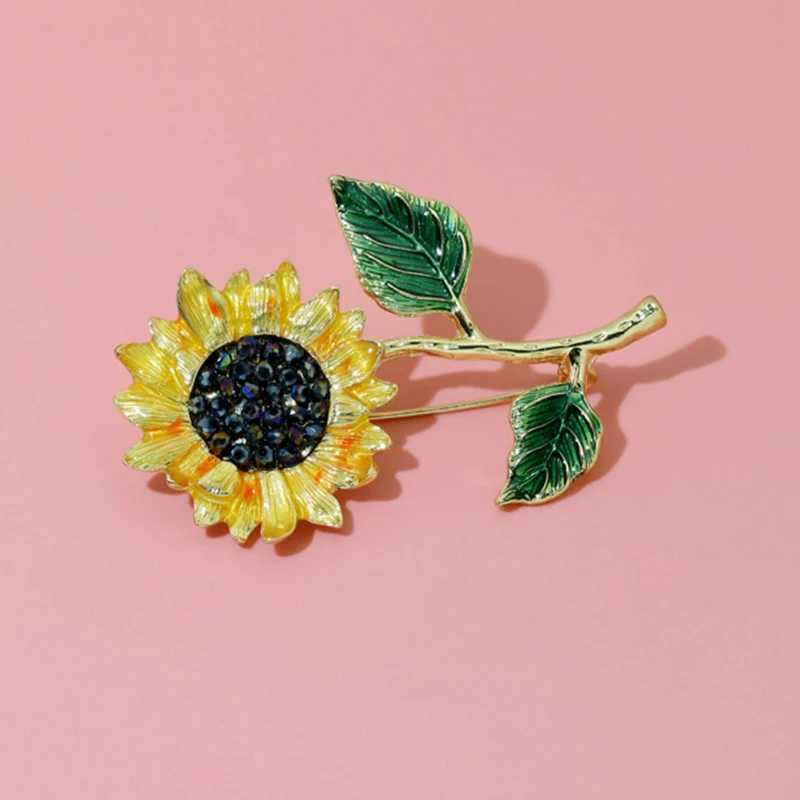 Wulibaby Enamel Sunflower 2 Leaf Brooch Pins For Women Fashion Jewelry 2021New Plant Brooches Gift J251125