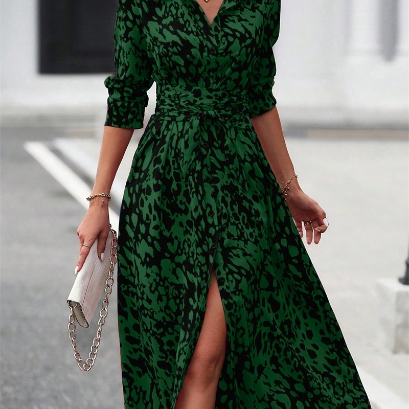 Elegant Random Print Button Down Shirt Dress Long Sleeve Belted Waist Midi Spring Fall Office Casual y251103