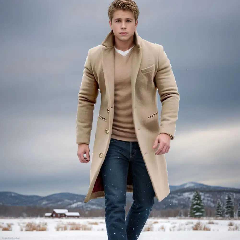 Woolen Coat Men Jacket Elegant Mens Woolen Coat With Lapel Pockets Single Breasted Long Sleeve Jacket Solid Color For WinterT251125