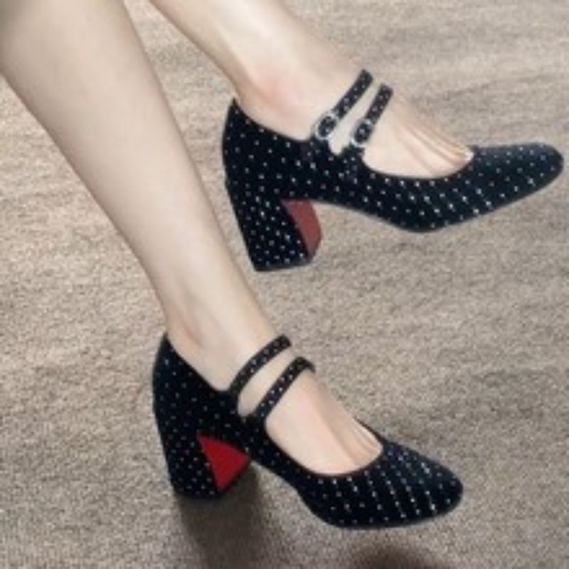 Women's Black White Dot Embellished Double Strap Mary Jane Block Heel Shoes, Party Casual Footwear---168-8