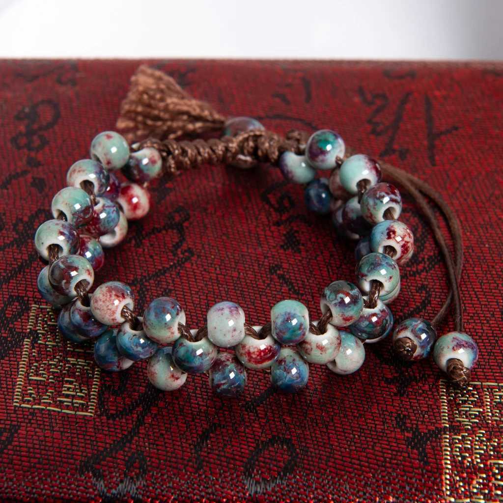 Handmade Wine Red Ceramic Beaded Bracelet with Tassel Adjustable Wide Braided Rope Vintage Chinese Style S03-119 J251125