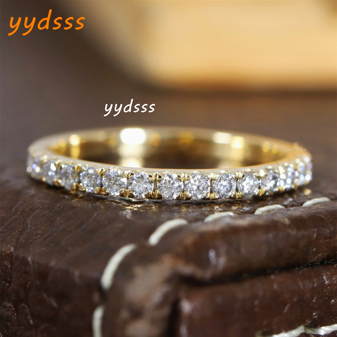14k yellow gold classical lab diaond half pave eternity match ring solid gold hpht cvd diamond wedding band ring for women real gold fine jewelry