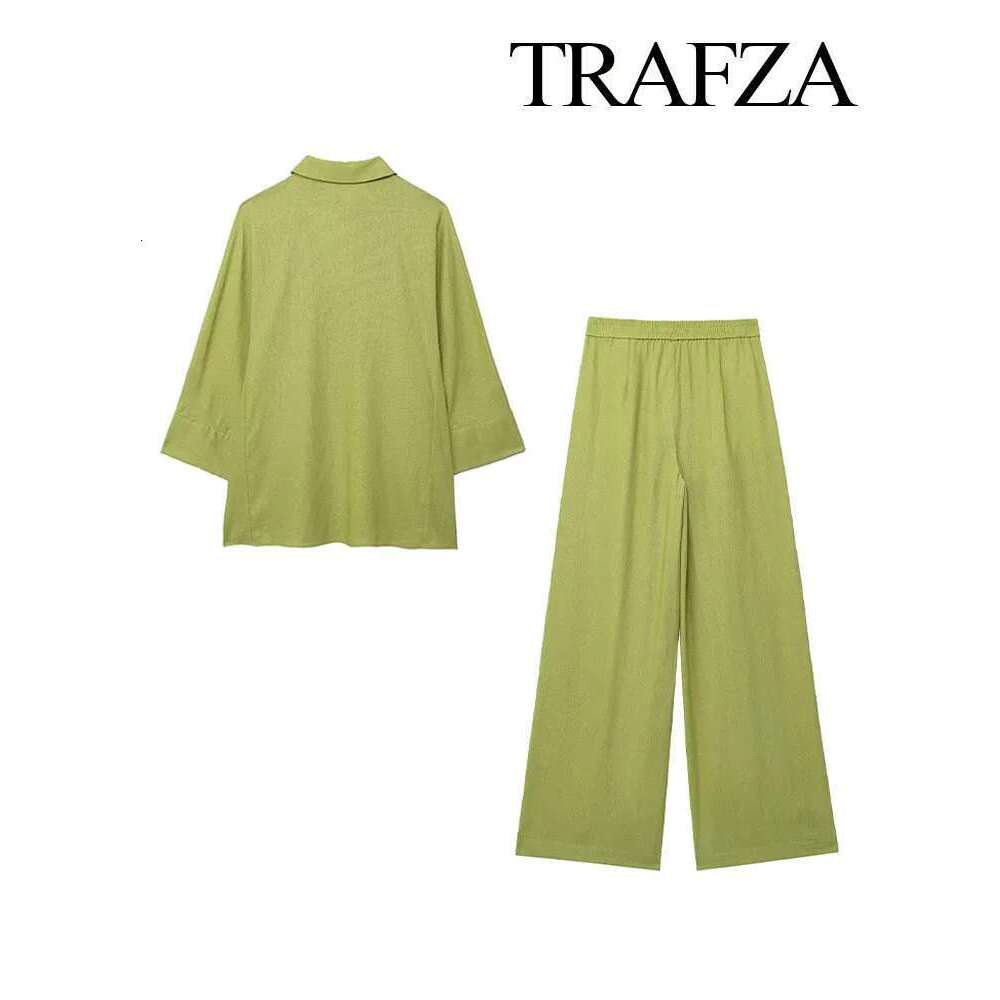 TRAFZA 2024 Women 2 Piece Set Elastic Waist Pocket Folds Decorate Wide Leg Pants+Solid Single-Breasted Slit Hem Blouse Top