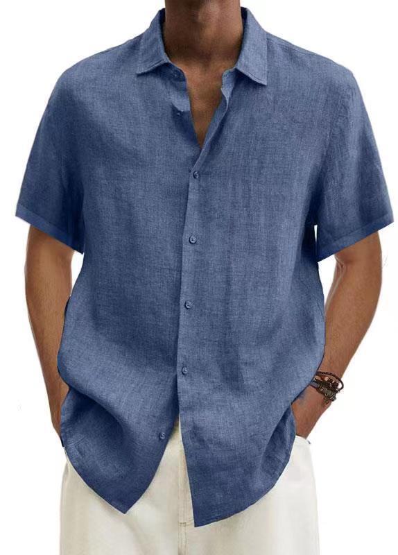 2022 summer V-neck button cotton hemp solid mens fashion shirt men