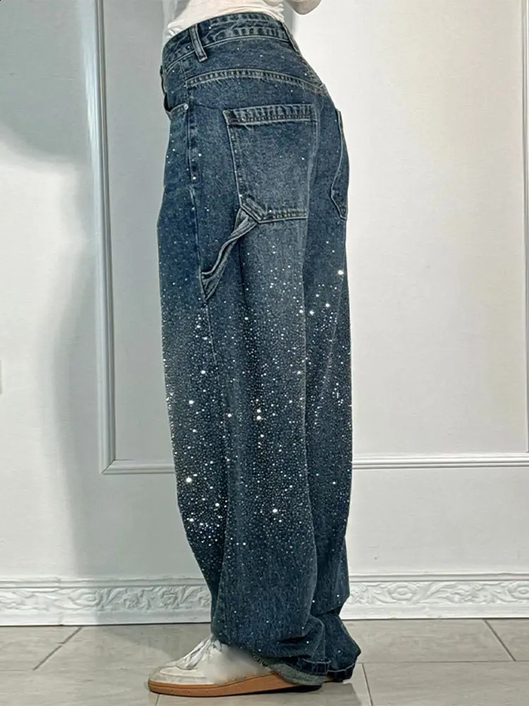 Fashion Rhinestone womens jeans Y2k street oversized loose shiny womens wide leg pants spring/summer womens denim shorts 250422