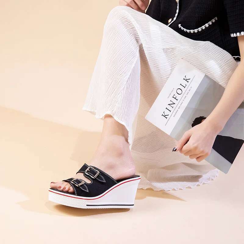 Summer new muffin thick-sole heightened wedge canvas slippers casual large-size waterproof platform high-heeled women's sandals