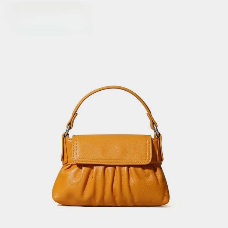 Designer bag New Arrival Mustard Yellow Top Handle Pleated Leather Small Handbag Women Fashion Shoulder Bag Luxury Elegant Clutch Purse