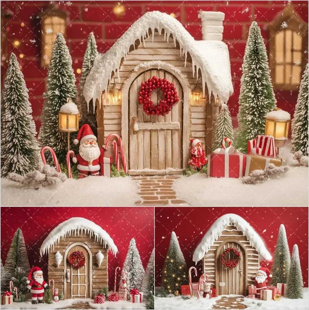 Christmas Party Backdrop Wooden House Winter Xmas Tree Gift Decoration Banner Family Kids Portrait Photography BackgroundM251125