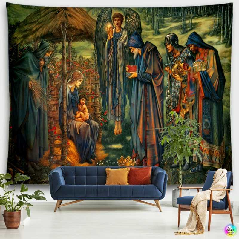 Nativity Scene Tapestry Jesus Birth Manger Barn Wall Hanging Angel Easter Christmas Wall Decor Christ Tapestries Room DecorationM251125