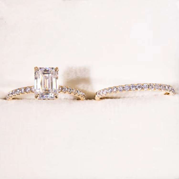 Fashion 2CT Emerald Cut Hidden halo 10K Gold Moissanite Diamond Ring with Eternity Wedding Band Jewelry Set