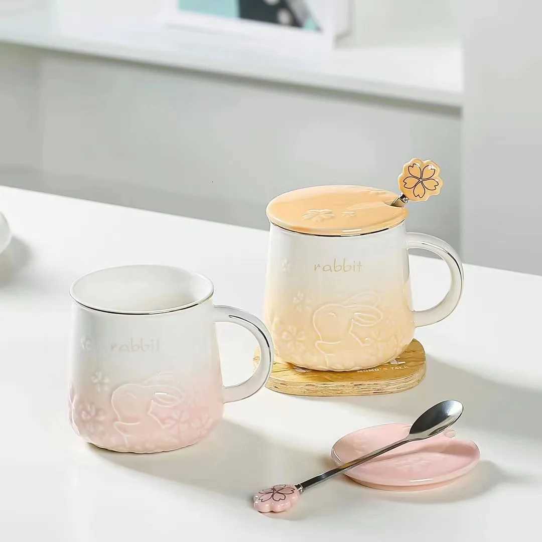 Rabbit Sakura Pattern Ceramic Tea Coffee Cups Juice Breakfast Mugs Simple Home Handheld Type Milk Coffee Mugs Home Accessories Y251125
