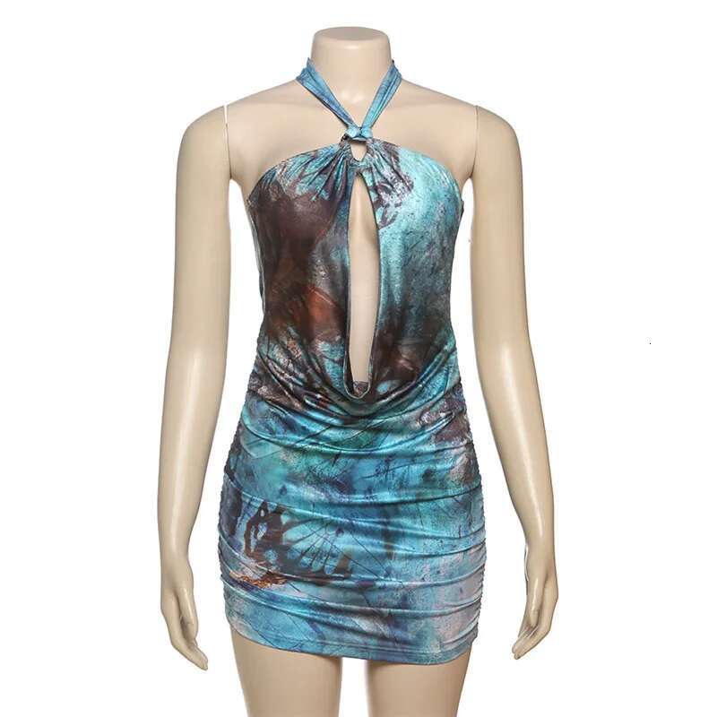 Dongdumaoyi Townlike Print Slim Bodycon Pleated Dress Women Halter Mini Spring Summer Deep V Neck Nightclub Sexy Party Dresses