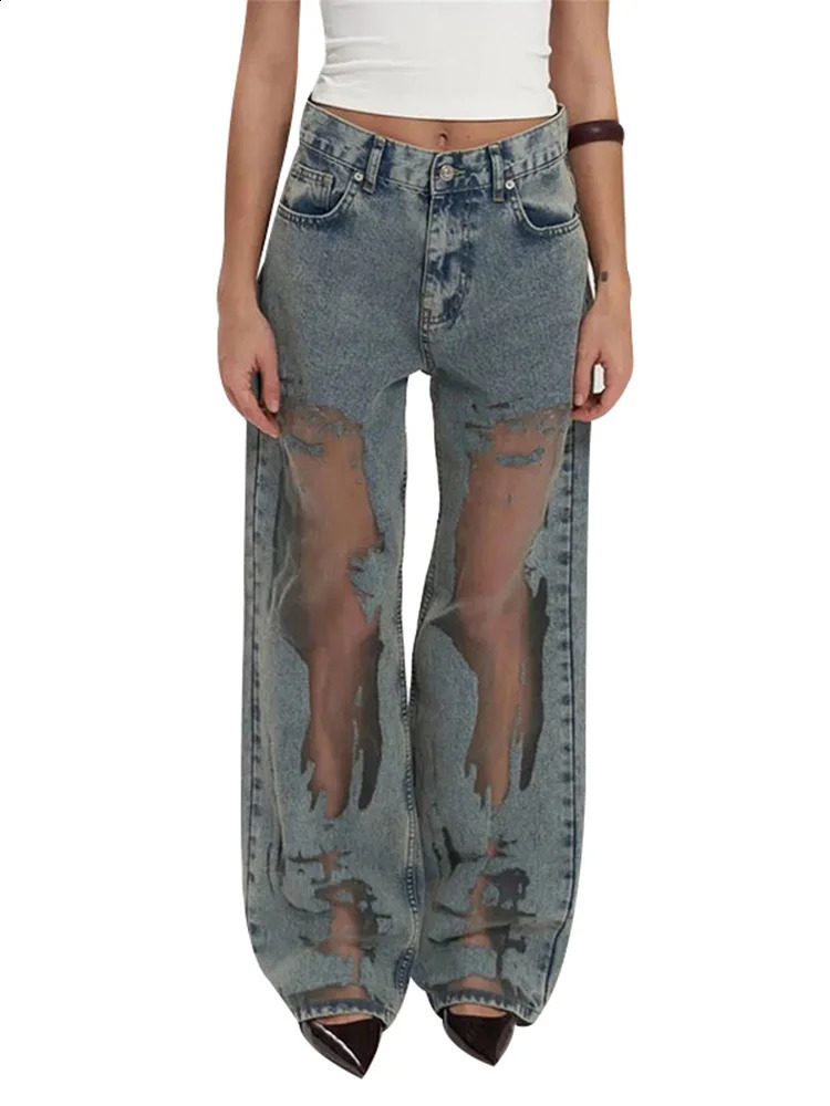 Womens extreme torn denim jeans high waist straight leg Gothic dark pocket pants fashionable hiphop streetwear 250417
