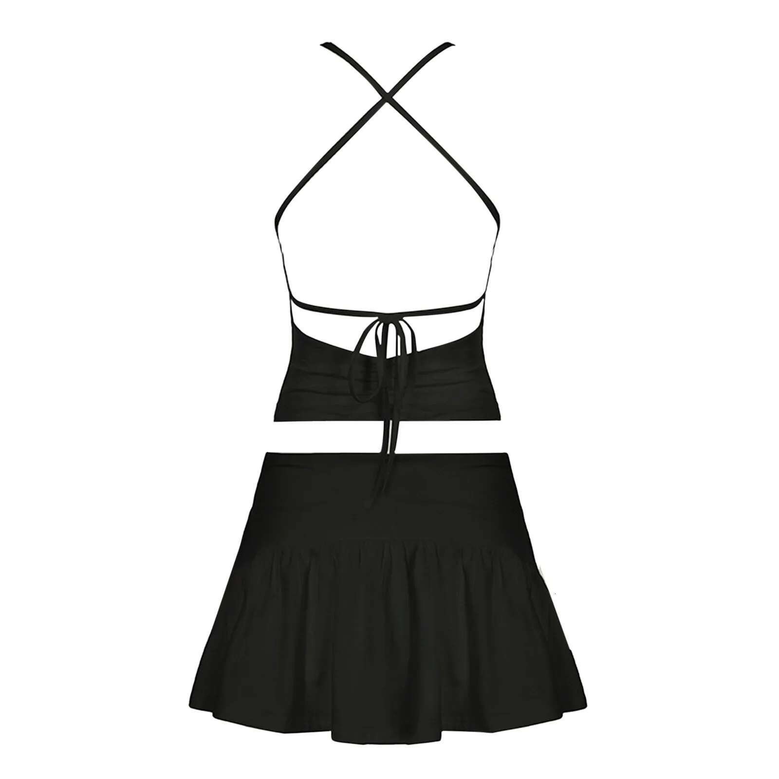 Dongdumaoyi Mini Skirt Black Suit Women V Neck Tank Top Backless Lacing Pleated Lotus Leaf Slim Short Set Party Streetwear