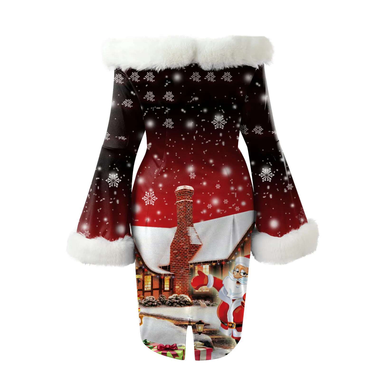 Dongdumaoyi Autumn Winter Elegant Christmas Print Dresses Women Off The Shoulder Bodycon Long Sleeve Plush Retro Party Costumes