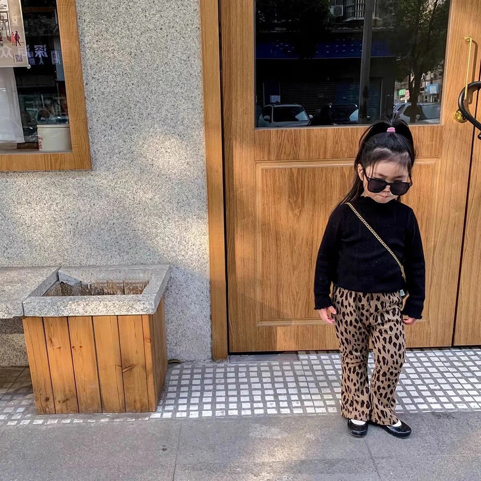 Autumn Spring Girls Fashion Leopard Dots Plaid Flared Pants Childrens Long Trouser for Little Princess 250422