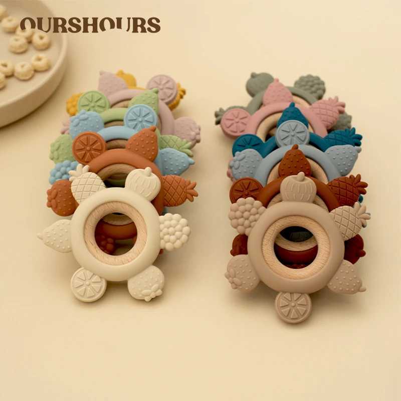 1PC Baby Fruit Teething Toys BPA Free Silicone Teether with Wooden Ring Infant Chewing Toy for Boys Girls Newborn Babies Gifts G251125