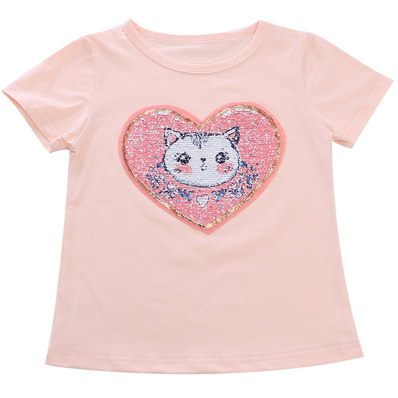 Disney baby designer clothing short-sleeved T-shirt color-changing sequin short-sleeved cotton T summer children's clothing baby girl' casua